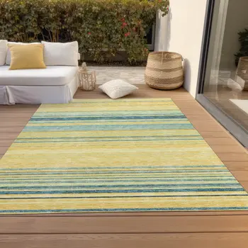 10' X 14' Yellow Denim Blue And Sky Blue Striped Washable Indoor Outdoor Area Rug
