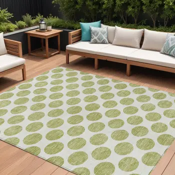 9' X 12' Sage And Ivory Polka Dot Washable Indoor Outdoor Area Rug