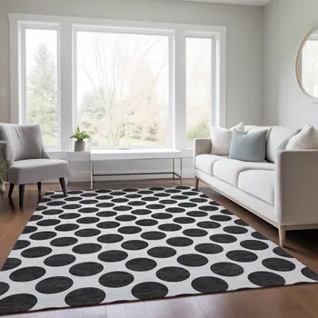 8' X 10' Black And Ivory Polka Dot Washable Indoor Outdoor Area Rug