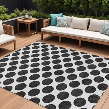 9' X 12' Black And Ivory Polka Dot Washable Indoor Outdoor Area Rug