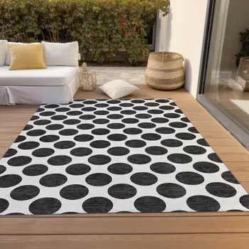 10' X 14' Black And Ivory Polka Dot Washable Indoor Outdoor Area Rug