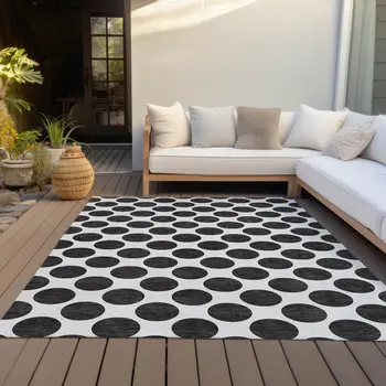 10' X 14' Black And Ivory Polka Dot Washable Indoor Outdoor Area Rug