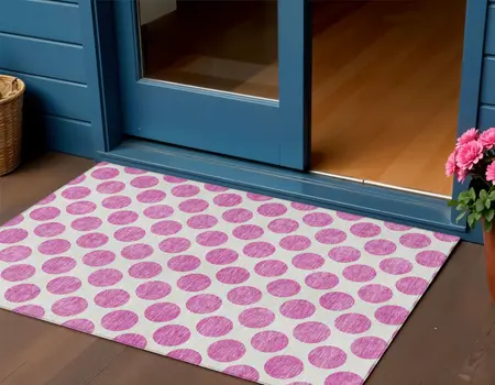 3' X 5' Blush And Ivory Polka Dot Washable Indoor Outdoor Area Rug