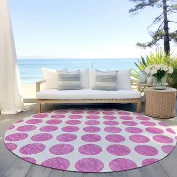8' Blush And Ivory Round Polka Dot Washable Indoor Outdoor Area Rug