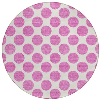 8' Blush And Ivory Round Polka Dot Washable Indoor Outdoor Area Rug