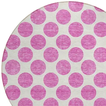 8' Blush And Ivory Round Polka Dot Washable Indoor Outdoor Area Rug