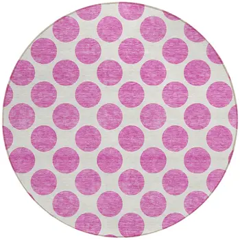 8' Blush And Ivory Round Polka Dot Washable Indoor Outdoor Area Rug