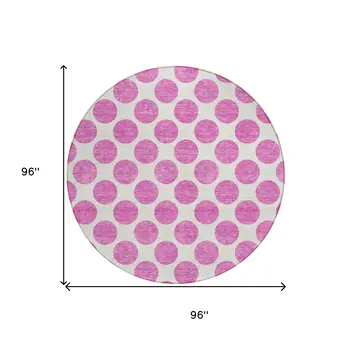 8' Blush And Ivory Round Polka Dot Washable Indoor Outdoor Area Rug