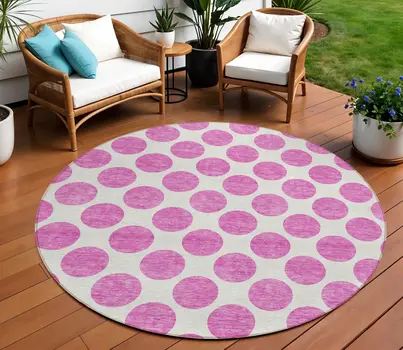 8' Blush And Ivory Round Polka Dot Washable Indoor Outdoor Area Rug