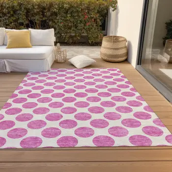 8' X 10' Blush And Ivory Polka Dot Washable Indoor Outdoor Area Rug