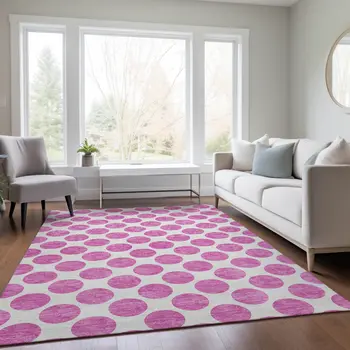 8' X 10' Blush And Ivory Polka Dot Washable Indoor Outdoor Area Rug