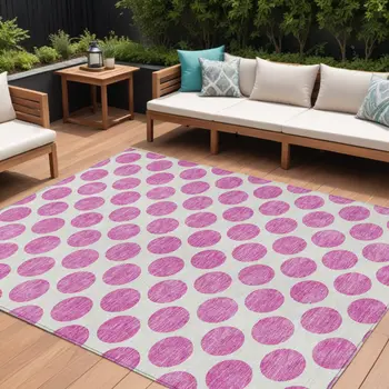 9' X 12' Blush And Ivory Polka Dot Washable Indoor Outdoor Area Rug