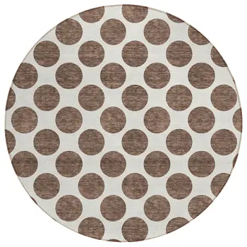 8' Brown And Ivory Round Polka Dot Washable Indoor Outdoor Area Rug