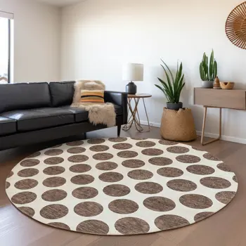 8' Brown And Ivory Round Polka Dot Washable Indoor Outdoor Area Rug