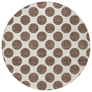 8' Brown And Ivory Round Polka Dot Washable Indoor Outdoor Area Rug