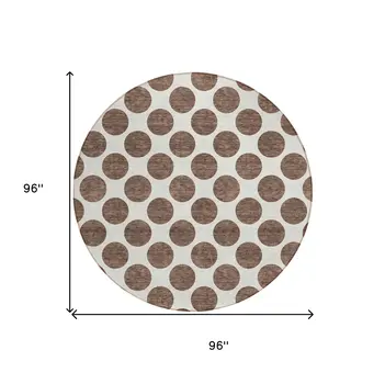 8' Brown And Ivory Round Polka Dot Washable Indoor Outdoor Area Rug