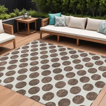 10' X 14' Brown And Ivory Polka Dot Washable Indoor Outdoor Area Rug