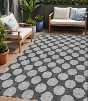 5' X 8' Charcoal And Ivory Polka Dot Washable Indoor Outdoor Area Rug