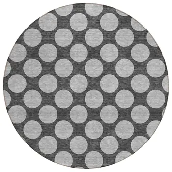 8' Charcoal And Ivory Round Polka Dot Washable Indoor Outdoor Area Rug