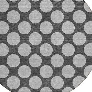 8' Charcoal And Ivory Round Polka Dot Washable Indoor Outdoor Area Rug