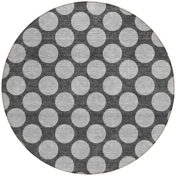 8' Charcoal And Ivory Round Polka Dot Washable Indoor Outdoor Area Rug