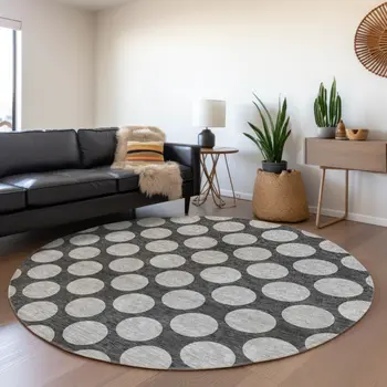 8' Charcoal And Ivory Round Polka Dot Washable Indoor Outdoor Area Rug