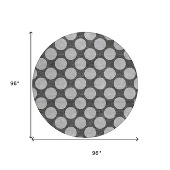 8' Charcoal And Ivory Round Polka Dot Washable Indoor Outdoor Area Rug