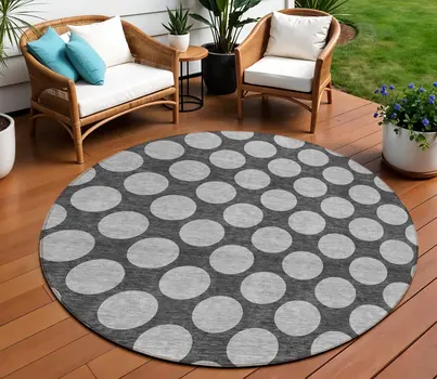 8' Charcoal And Ivory Round Polka Dot Washable Indoor Outdoor Area Rug