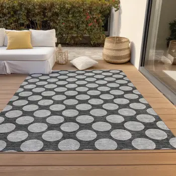 9' X 12' Charcoal And Ivory Polka Dot Washable Indoor Outdoor Area Rug