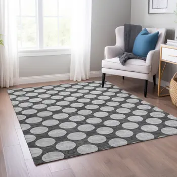 9' X 12' Charcoal And Ivory Polka Dot Washable Indoor Outdoor Area Rug
