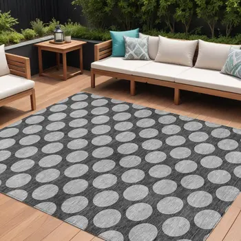 10' X 14' Charcoal And Ivory Polka Dot Washable Indoor Outdoor Area Rug