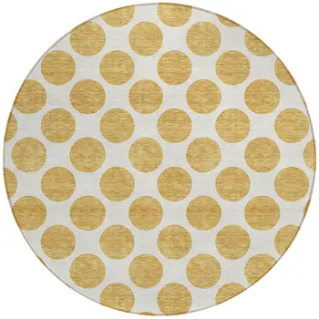 8' Gold And Ivory Round Polka Dot Washable Indoor Outdoor Area Rug