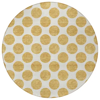 8' Gold And Ivory Round Polka Dot Washable Indoor Outdoor Area Rug