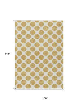 9' X 12' Gold And Ivory Polka Dot Washable Indoor Outdoor Area Rug