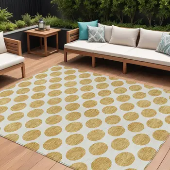 10' X 14' Gold And Ivory Polka Dot Washable Indoor Outdoor Area Rug