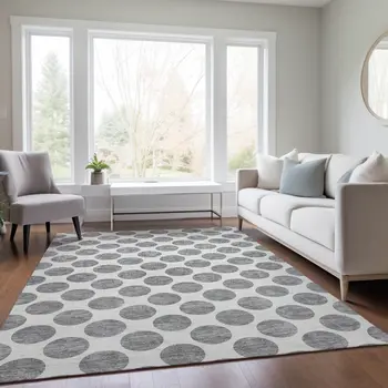 5' X 8' Gray And Ivory Polka Dot Washable Indoor Outdoor Area Rug