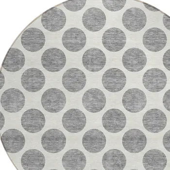 8' Gray And Ivory Round Polka Dot Washable Indoor Outdoor Area Rug