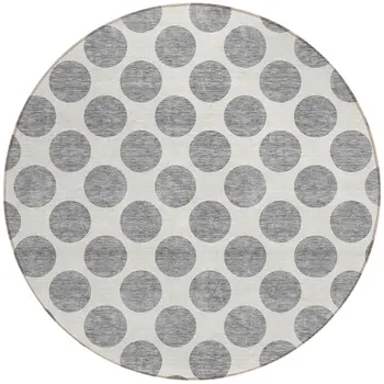 8' Gray And Ivory Round Polka Dot Washable Indoor Outdoor Area Rug