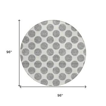 8' Gray And Ivory Round Polka Dot Washable Indoor Outdoor Area Rug