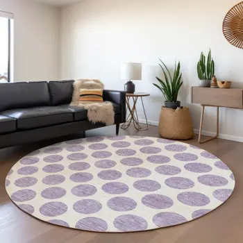 8' Lavender And Ivory Round Polka Dot Washable Indoor Outdoor Area Rug