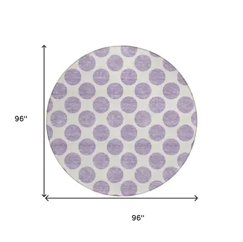 8' Lavender And Ivory Round Polka Dot Washable Indoor Outdoor Area Rug