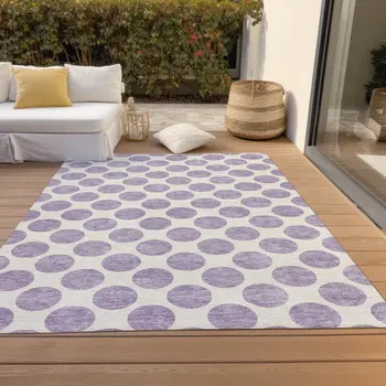 9' X 12' Lavender And Ivory Polka Dot Washable Indoor Outdoor Area Rug