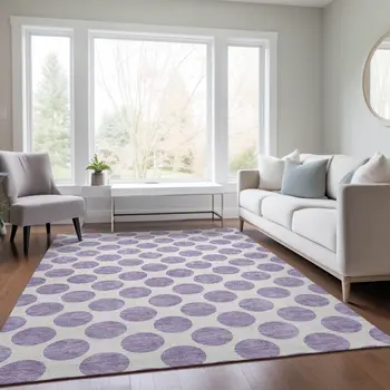 9' X 12' Lavender And Ivory Polka Dot Washable Indoor Outdoor Area Rug