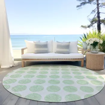 8' Mint Green And Ivory Round Polka Dot Washable Indoor Outdoor Area Rug
