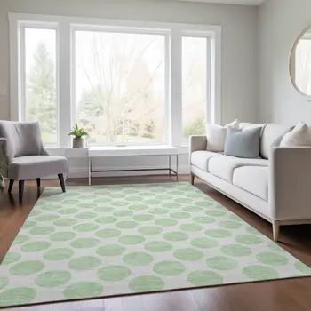 8' X 10' Mint Green And Ivory Polka Dot Washable Indoor Outdoor Area Rug