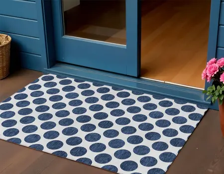 3' X 5' Navy Blue And Ivory Polka Dot Washable Indoor Outdoor Area Rug