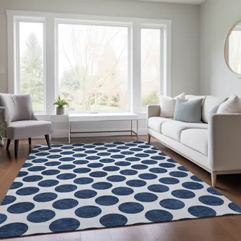 5' X 8' Navy Blue And Ivory Polka Dot Washable Indoor Outdoor Area Rug