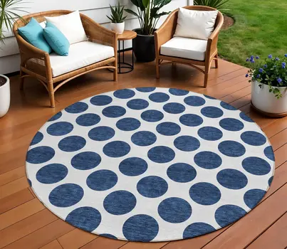 8' Navy Blue And Ivory Round Polka Dot Washable Indoor Outdoor Area Rug