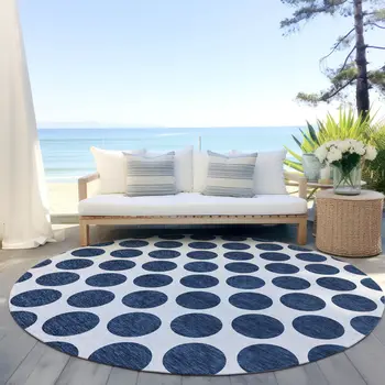 8' Navy Blue And Ivory Round Polka Dot Washable Indoor Outdoor Area Rug
