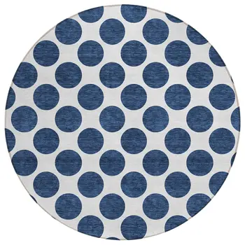 8' Navy Blue And Ivory Round Polka Dot Washable Indoor Outdoor Area Rug